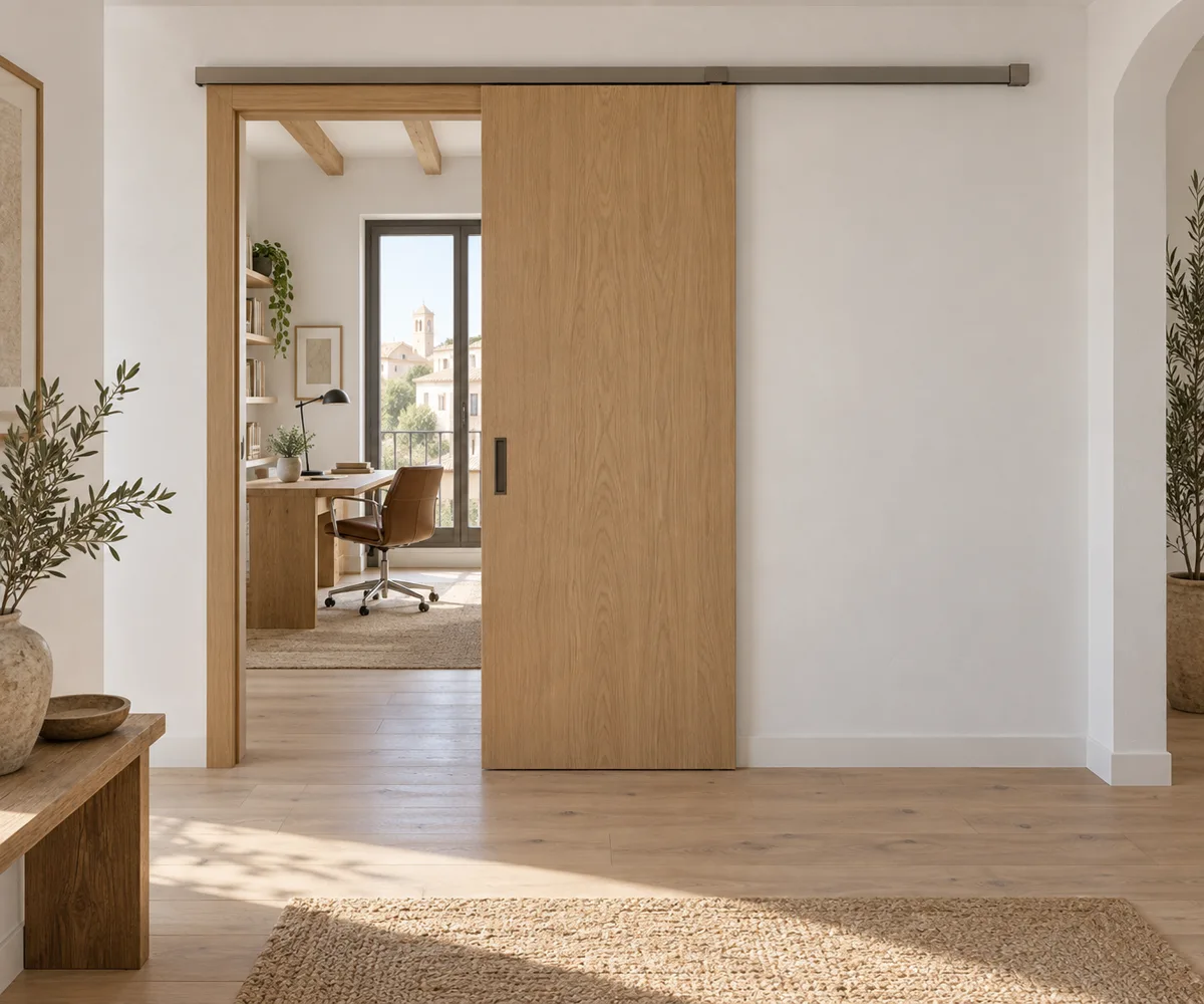 Imagen conceptual: Puerta corredera de madera sobre guía exterior junto a un despacho